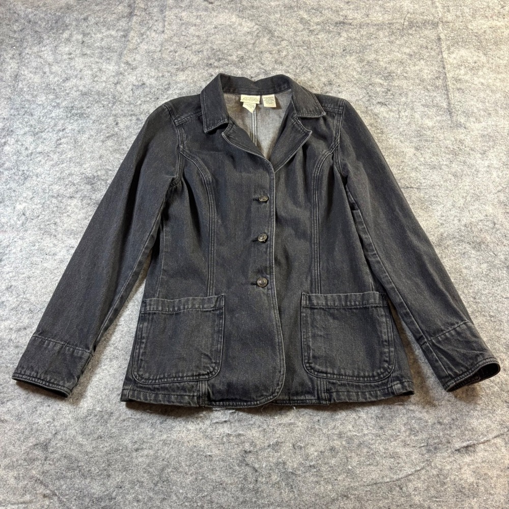 St Johns Bay Womens Black Denim Blazer Jacket Cotton 3 Button Chore Coat Small